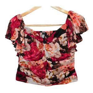 Express Floral Flutter Sleeve Womens Top Size Large Ruched Smocked size large